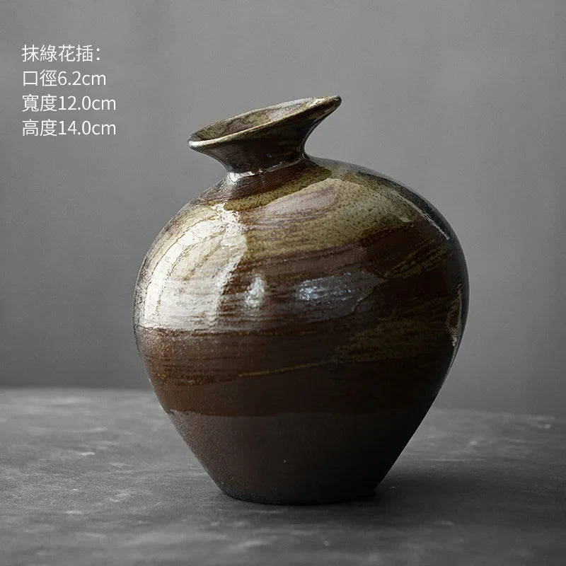 Vase en terre cuite noire, effet pierre brute Nesty, vase rond brun-vert à effet balayé, col évasé, fiche produit en chinois avec dimensions