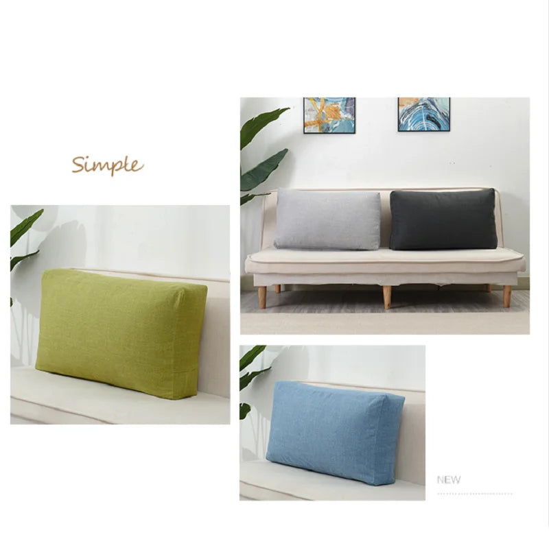 Housse de coussin de dossier en lin, sans garnissage, tête de lit Nesty, coussin cale dossier vert olive sur banc et coussin bleu ciel, avec deux coussins gris et anthracite sur canapé-lit devant des tableaux