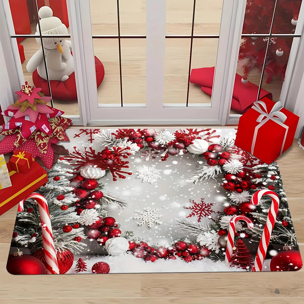 Tapis à motif de couronne de Noël rouge et blanche sur fond gris, posé au sol près d'une fenêtre avec des cadeaux emballés.