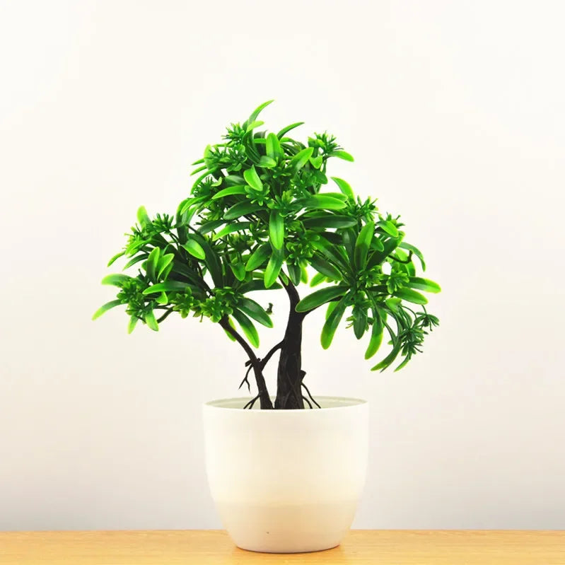 Bonsaï artificiel en pot, petit arbre pour maison et jardin, petit arbre au feuillage vert allongé dans un pot rond blanc (vue 27) - Nesty