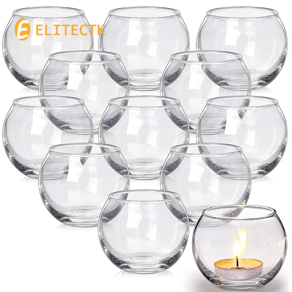 Photophore boule en verre transparent Nesty - Lot de photophores empilés, un exemplaire avec bougie allumée