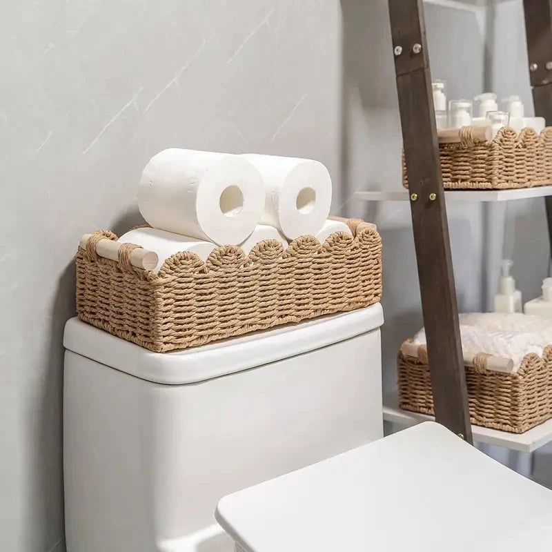 Panier de rangement en corde de papier tressée, bord festonné et poignées en bois (vue 5) - Nesty