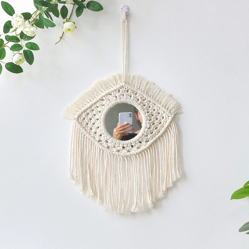 Petit miroir mural macramé rond, cadre blanc tressé (vue 11) - Nesty