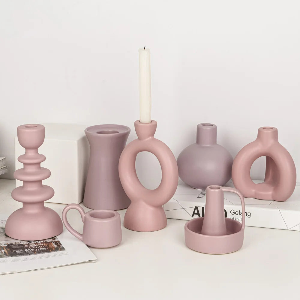 Bougeoir céramique galbé, teinte rose poudré (vue 5) - Nesty