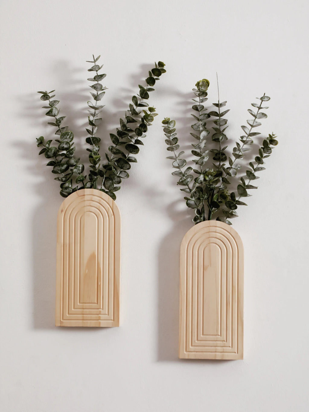 Vase mural en bois arqué, esprit bohème Nesty, deux tailles fixées au mur côte à côte, garnies d'eucalyptus, vue d'ensemble sur fond blanc