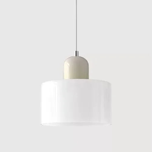 Suspension luminaire pour chevet et salle à manger, abat-jour cylindrique blanc crème et culot beige, câble blanc (vue 30) - Nesty