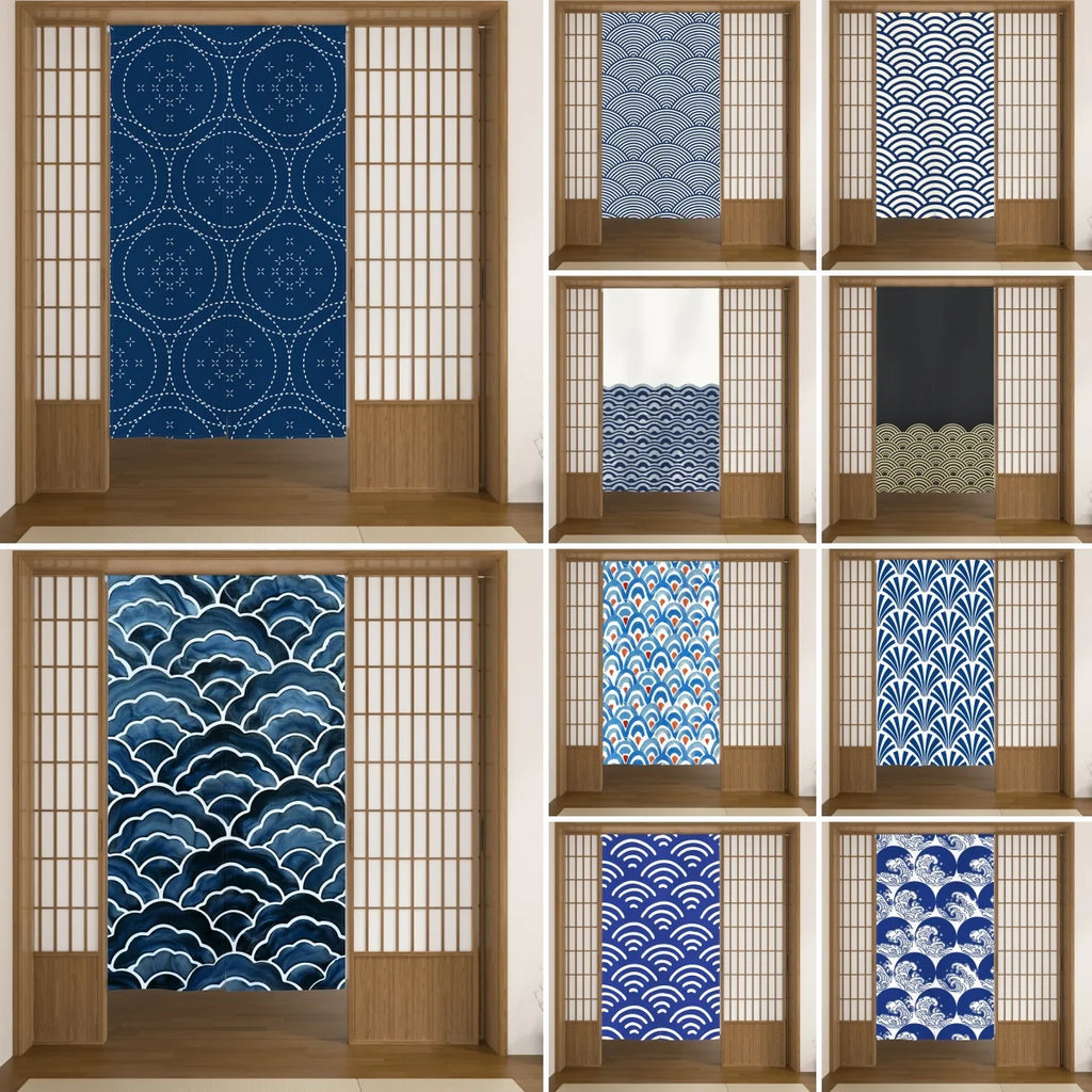 Rideau japonais noren bleu à motif vague, en lin pour porte - Nesty (vue 1)