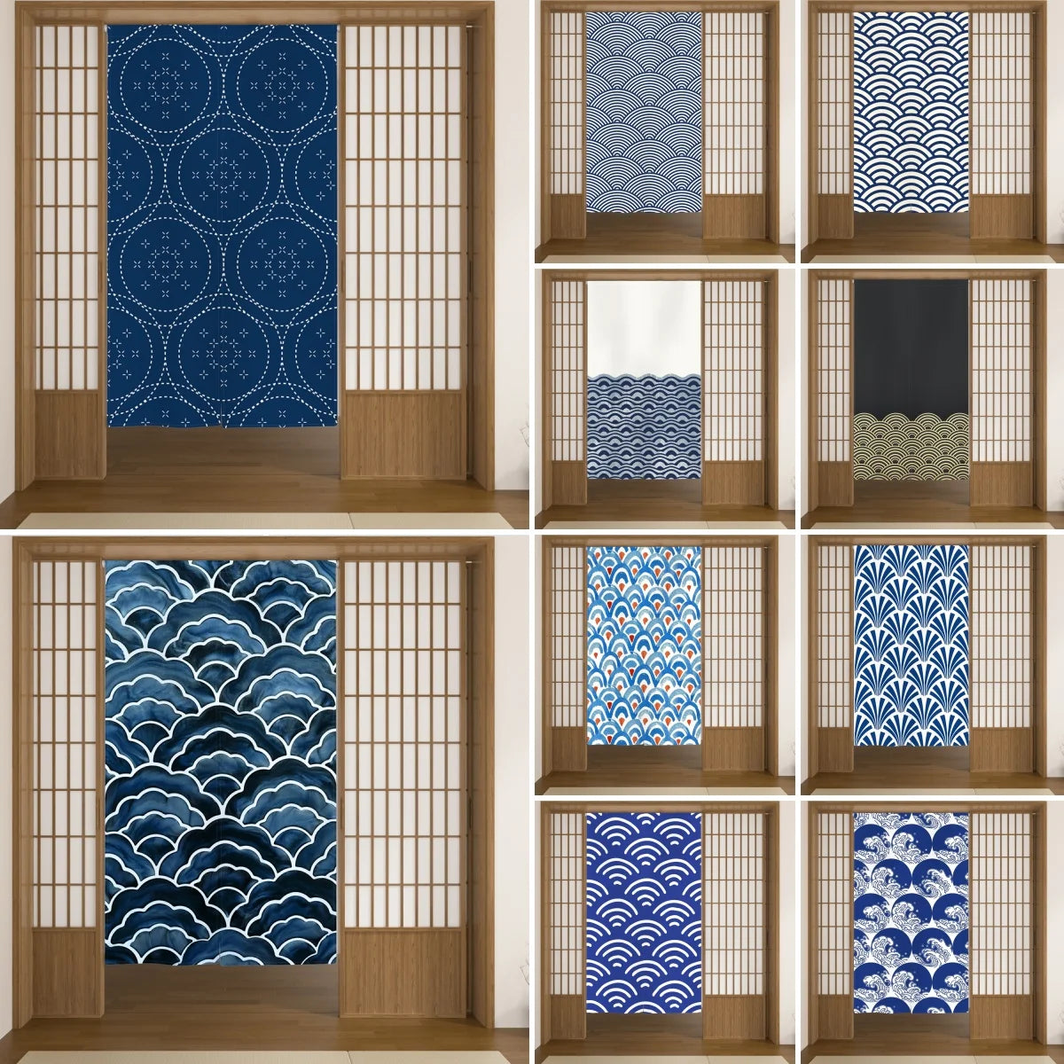 Rideau japonais noren bleu à motif vague, en lin pour porte - Nesty (vue 1)