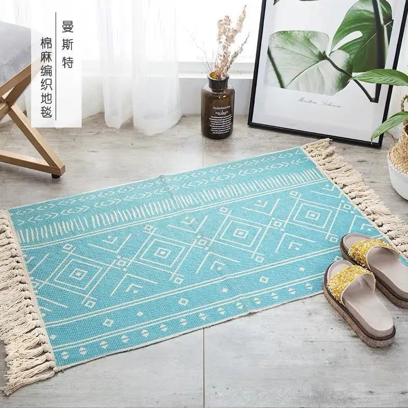 Tapis tissé main en coton et lin — franges bohème - Nesty (vue 1)