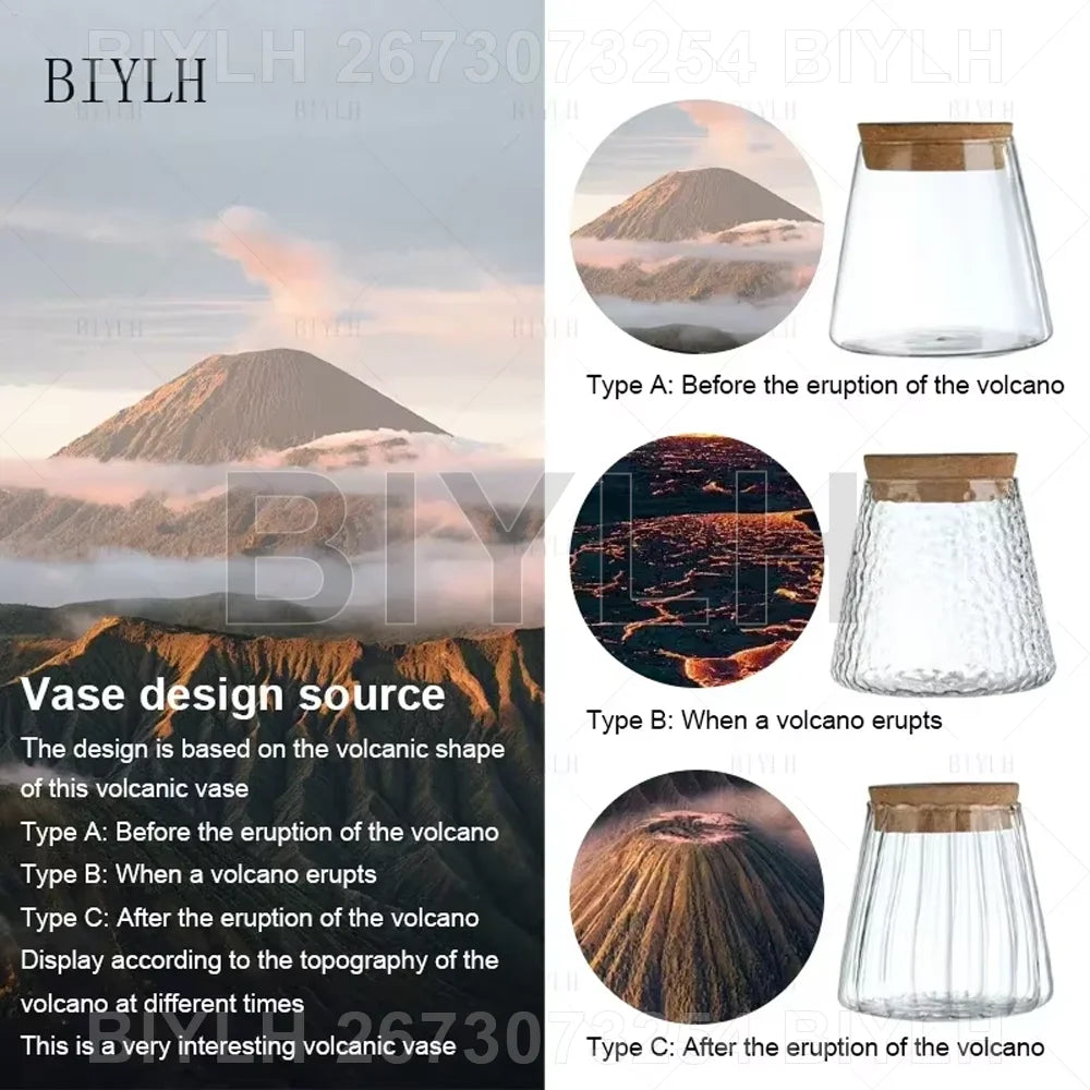 Vase en verre pour hydroponie, avec plateau Nesty, schéma présentant trois textures de verre inspirées d'un volcan, avant, pendant et après éruption
