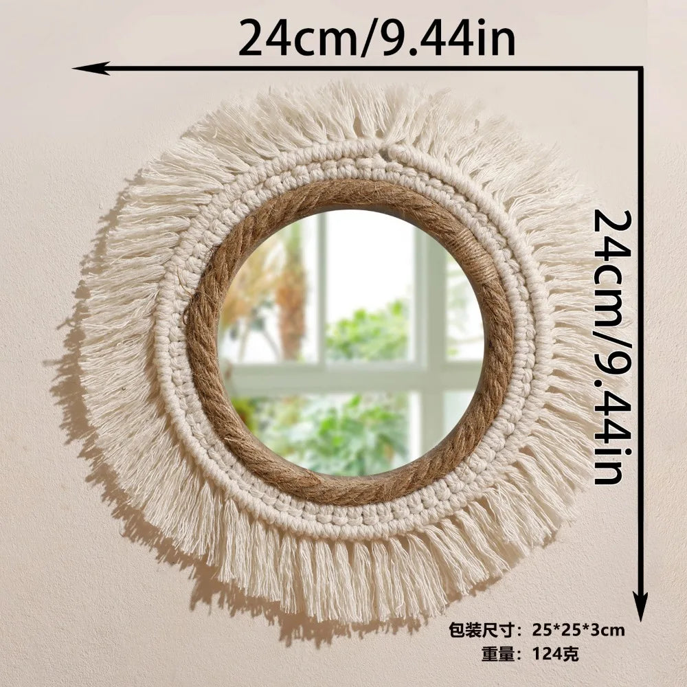Miroir mural rond en corde tressée à franges blanches, avec cotes techniques : 24 x 24 cm, poids 124 g - Nesty