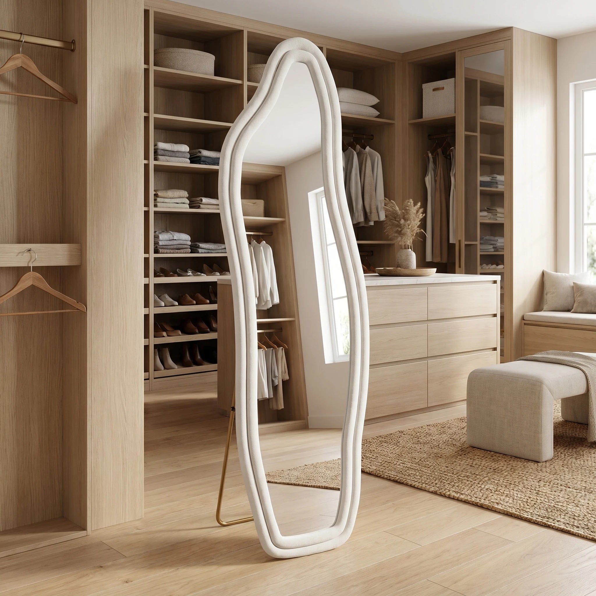 Grand miroir sur pied forme organique ondulée, cadre velours ivoire, dans un dressing en bois clair - Nesty