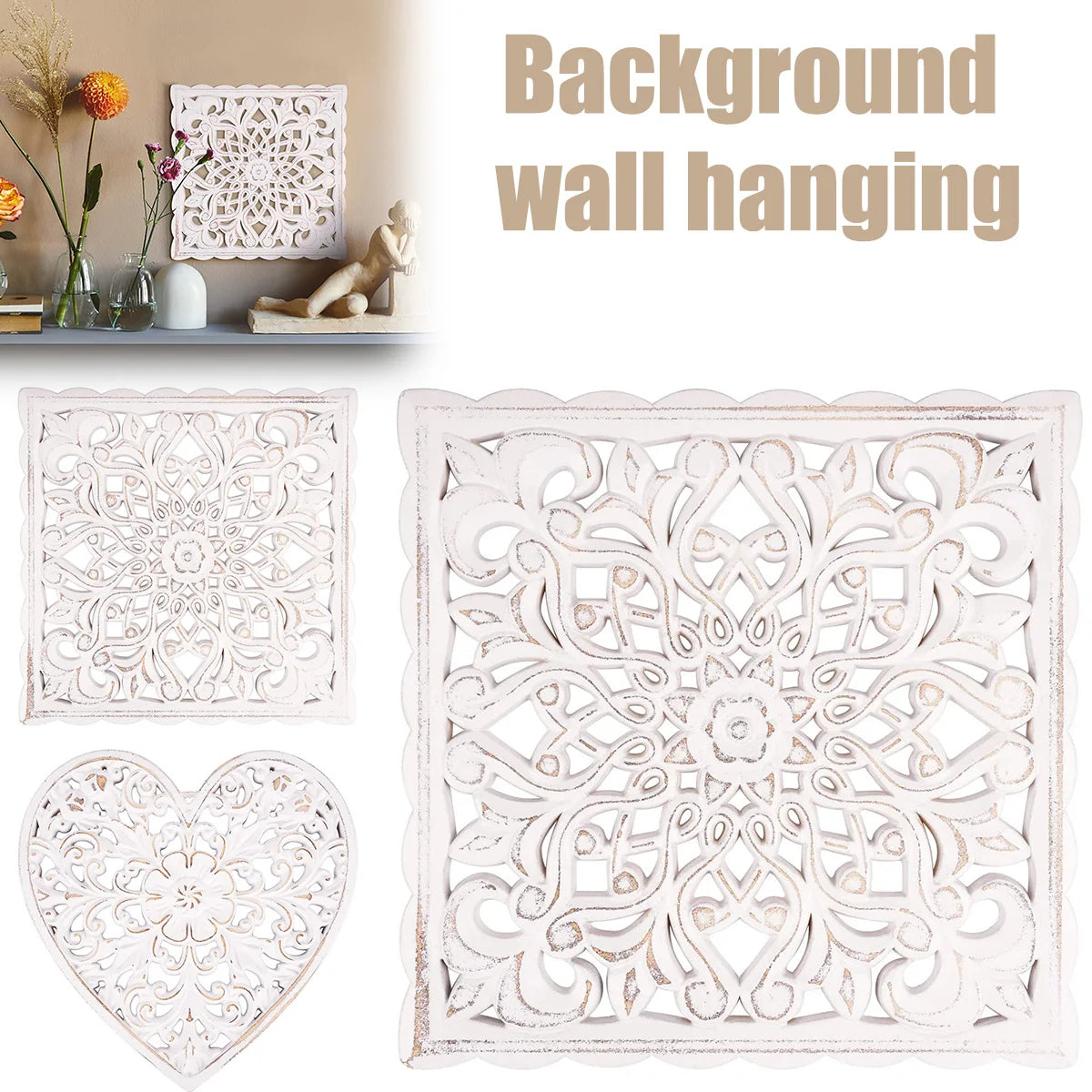 Panneau mural ajouré en bois à motif floral Nesty, collage d'un panneau carré et d'un panneau en forme de cœur, dans un intérieur avec fleurs