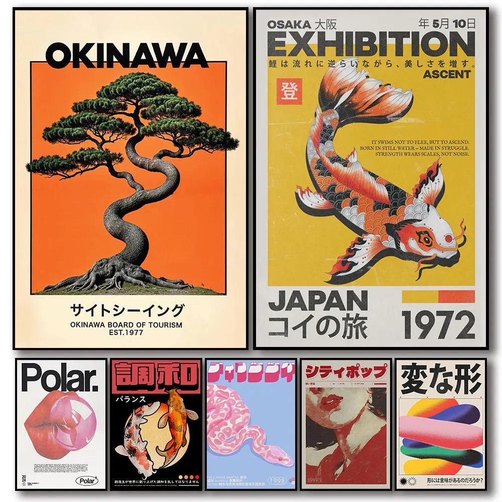 Toile murale illustrée — carpes koï et fleurs - Nesty, planche d'affiches vintage japonaises : bonsaï Okinawa fond orange, carpe koï Osaka fond jaune et collage graphique