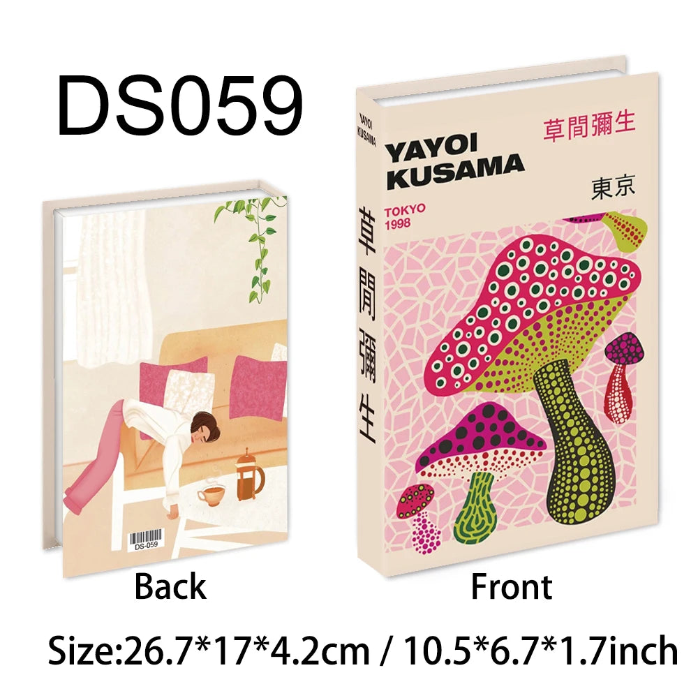 Faux livre décoratif boîte de rangement style nordique, couverture Yayoi Kusama, champignons à pois roses et verts (vue 39) - Nesty