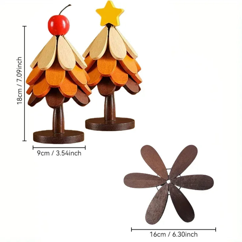 Deux figurines sapin de Noël en bois pliable avec cotes techniques : 18 cm de haut, base 9 cm, dessous de plat déplié 16 cm - Nesty