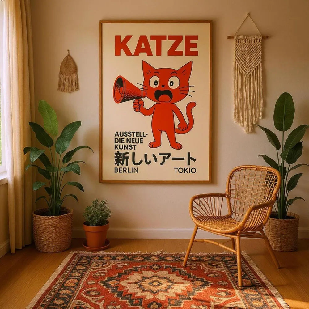 Toile murale illustrée — carpes koï et fleurs - Nesty, affiche Katze au chat rouge tenant un mégaphone, accrochée dans une pièce avec plantes et tapis persan