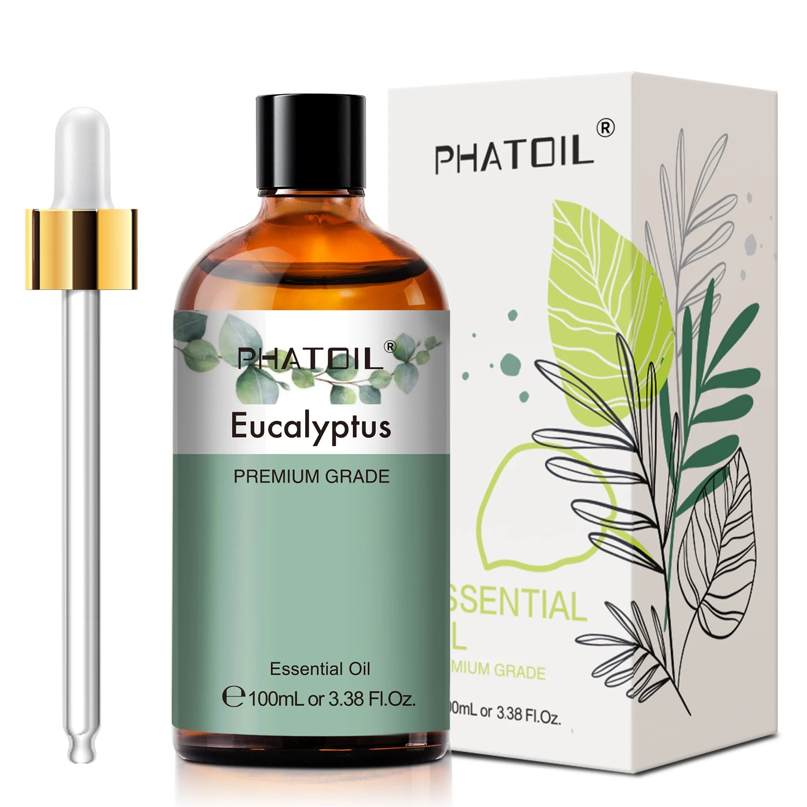 Huile essentielle eucalyptus Nesty - Flacon Eucalyptus PHATOIL avec compte-gouttes et emballage illustré de feuilles