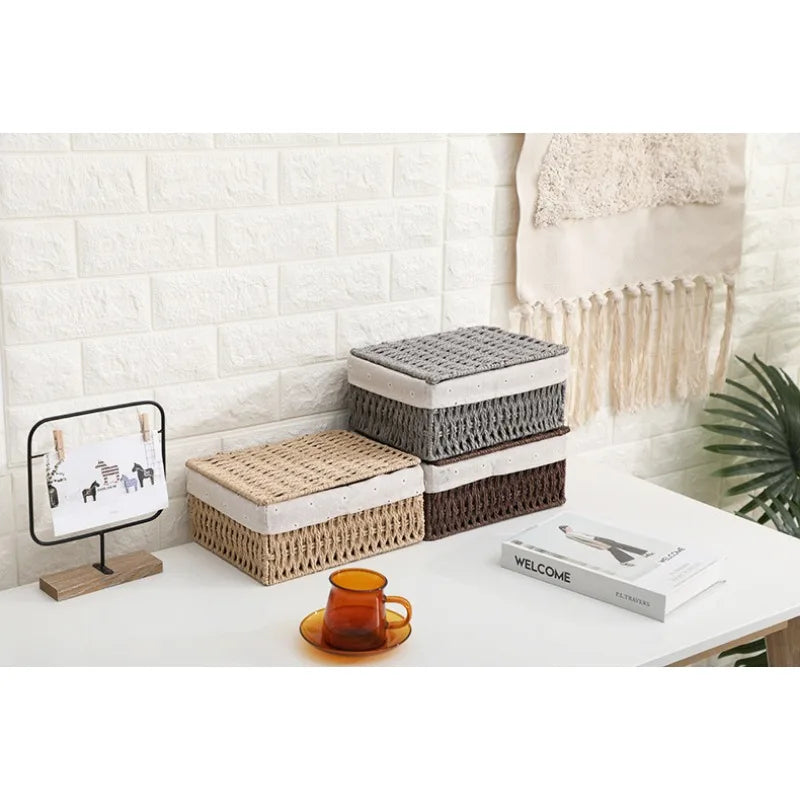 Boîte de rangement tressée en rotin avec couvercle et doublure amovible (vue 6) - Nesty