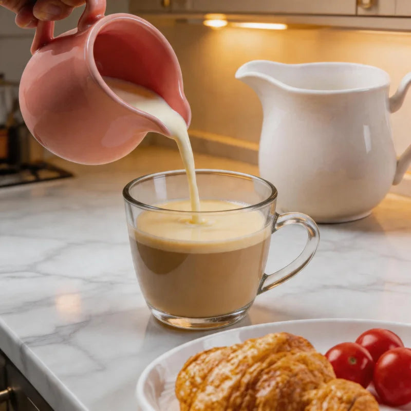 Duo de pichets à lait en céramique pour mousse de lait Nesty, lait versé depuis le pichet rose tenu en main dans une tasse en verre de café, pichet blanc en arrière-plan, sur plan de travail en marbre