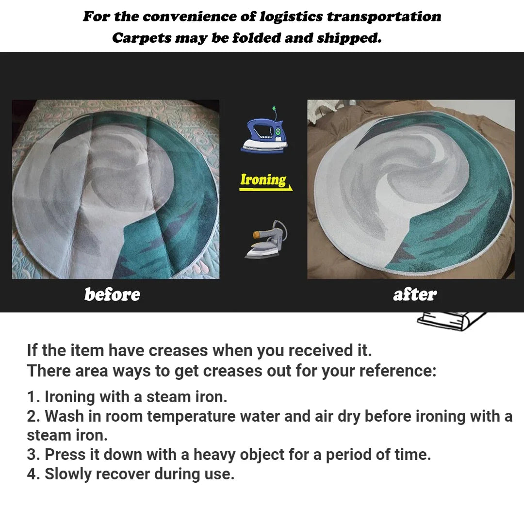 Tapis à motif géométrique sans peluches pour salon Nesty - Instructions de défroissage au fer à repasser avant/après pliage