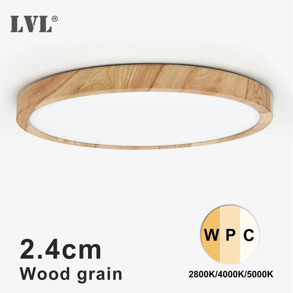 Plafonnier LED bois et blanc Nesty - Vue produit ronde en bois clair, épaisseur 2,4 cm, marque LVL