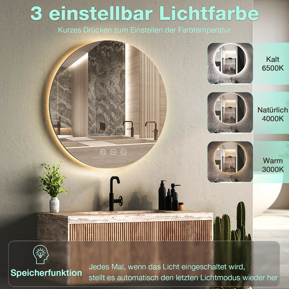 Miroir de salle de bain rond LED 60 cm Nesty - Comparaison des trois températures de lumière avec fonction mémoire