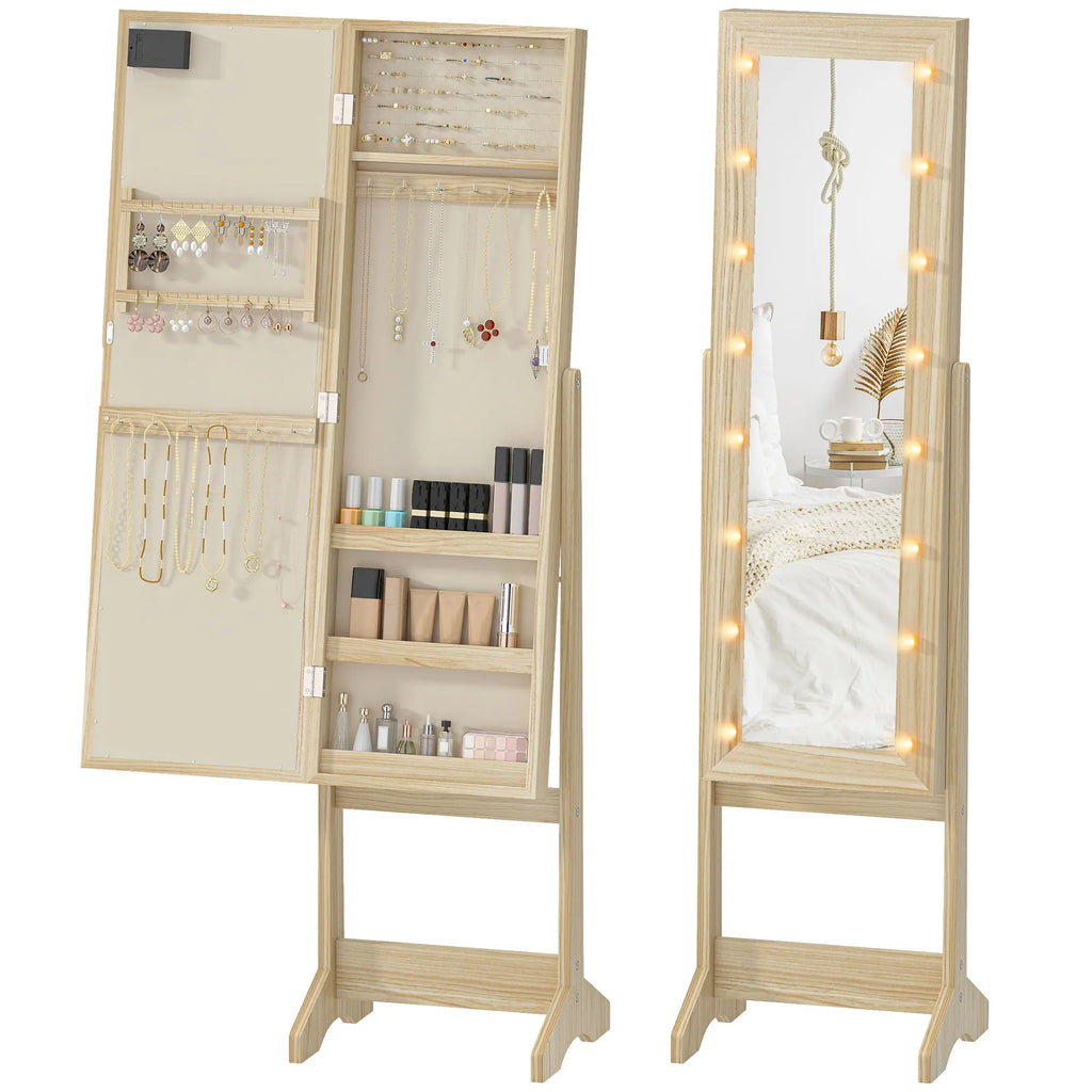 Coiffeuse miroir en bois Nesty - Portes ouvertes montrant bagues, boucles d'oreilles, colliers et cosmétiques rangés, avec miroir LED fermé côté