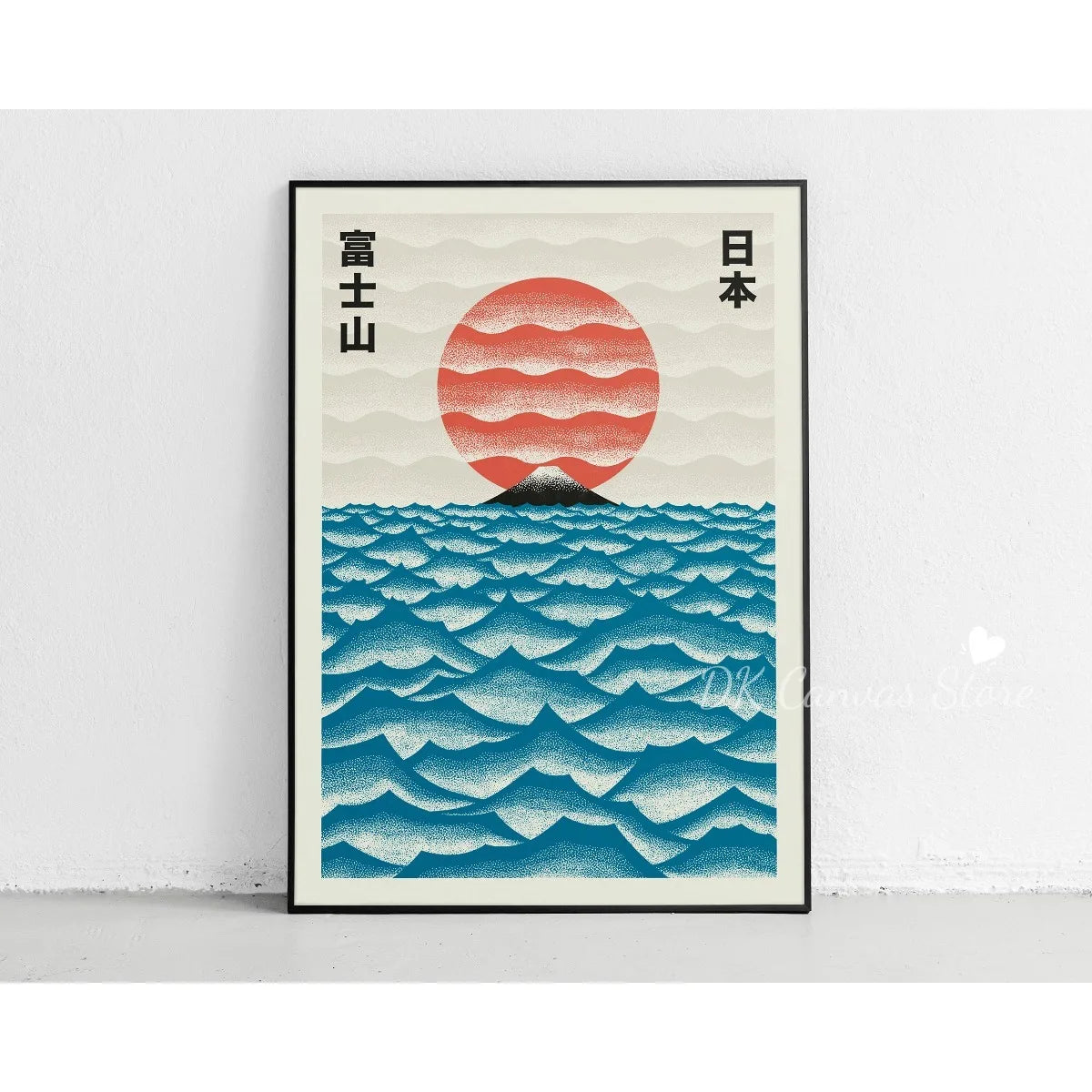 Toile imprimée Mont Fuji abstrait Nesty - Affiche encadrée du Mont Fuji au coucher de soleil rouge sur vagues bleues