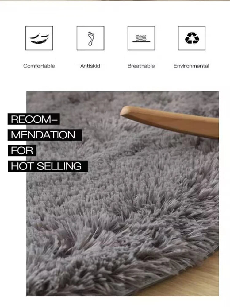 Tapis rond moelleux blanc Nesty - Pour chambre et salon, pictogrammes des caractéristiques et gros plan sur les fibres grises