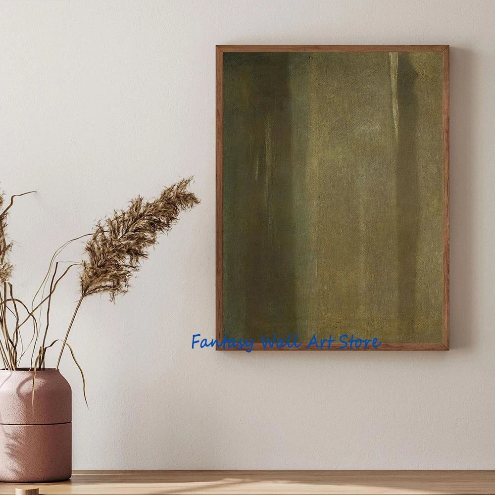 Toile imprimée abstraite terreuse Nesty - Affiche encadrée en bois, dégradé de vert olive et brun texturé