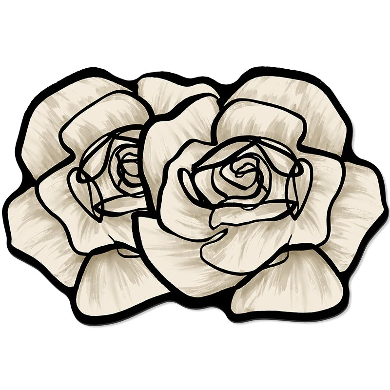 Tapis de salle de bain en forme de deux roses blanches à contour noir, détouré sur fond blanc.