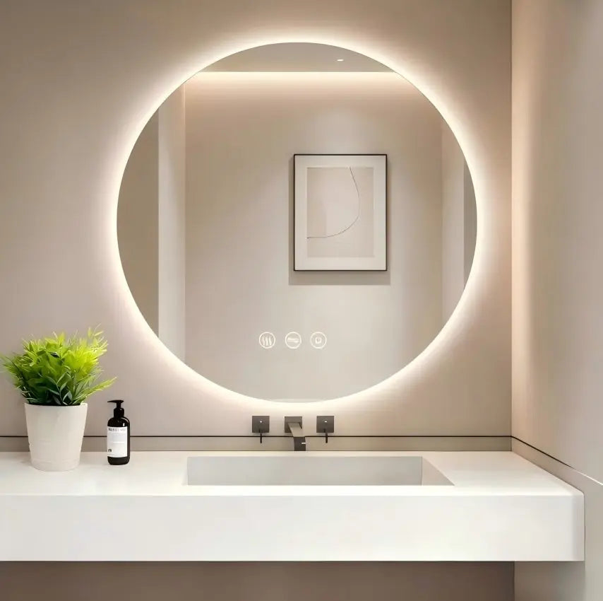 Miroir de salle de bain rond LED 60 cm Nesty - Installé au-dessus d'un lavabo, rétroéclairage chaud, avec cadre photo au mur