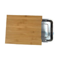 Planche à découper en bois avec plateau de service intégré Nesty, vue de dessus, planche coulissante en bambou ouverte sur son plateau de service en inox