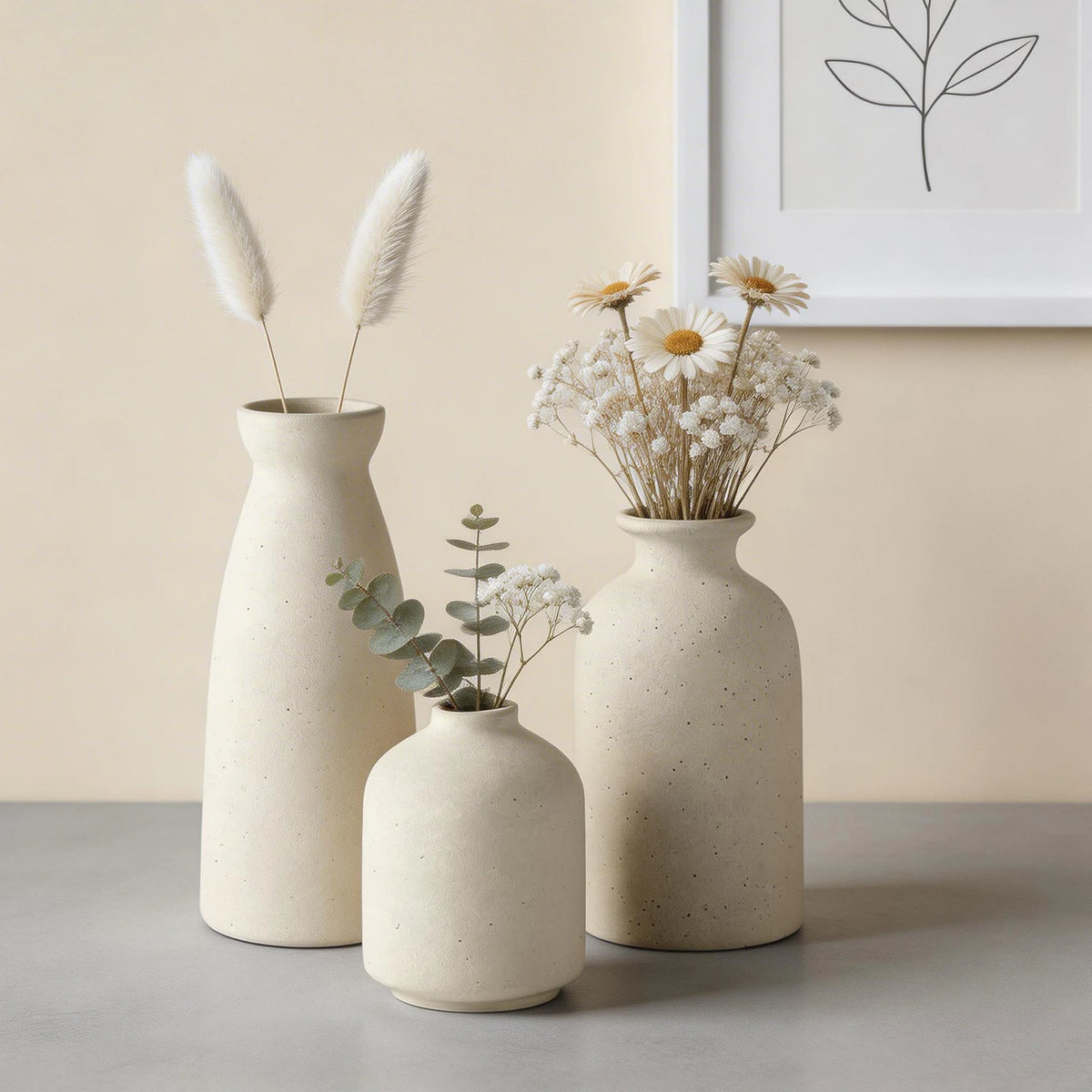 Trio de vases en grès beige, style champêtre - Nesty (vue 1)