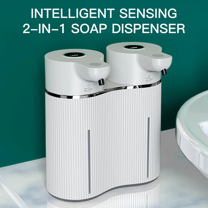 Distributeur de savon automatique sans contact, double tête Nesty, distributeur de savon automatique blanc à deux têtes et façade cannelée, écran tactile, texte "Intelligent Sensing 2-in-1 Soap Dispenser"