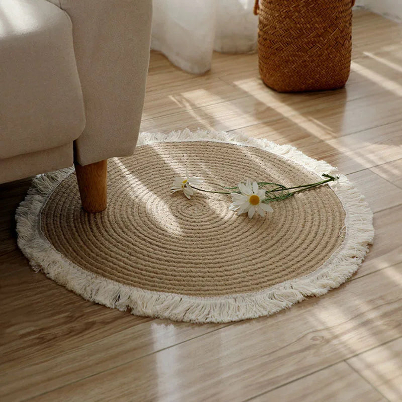 Tapis rond tressé main en jute et rotin, pompons vintage (vue 9) - Nesty
