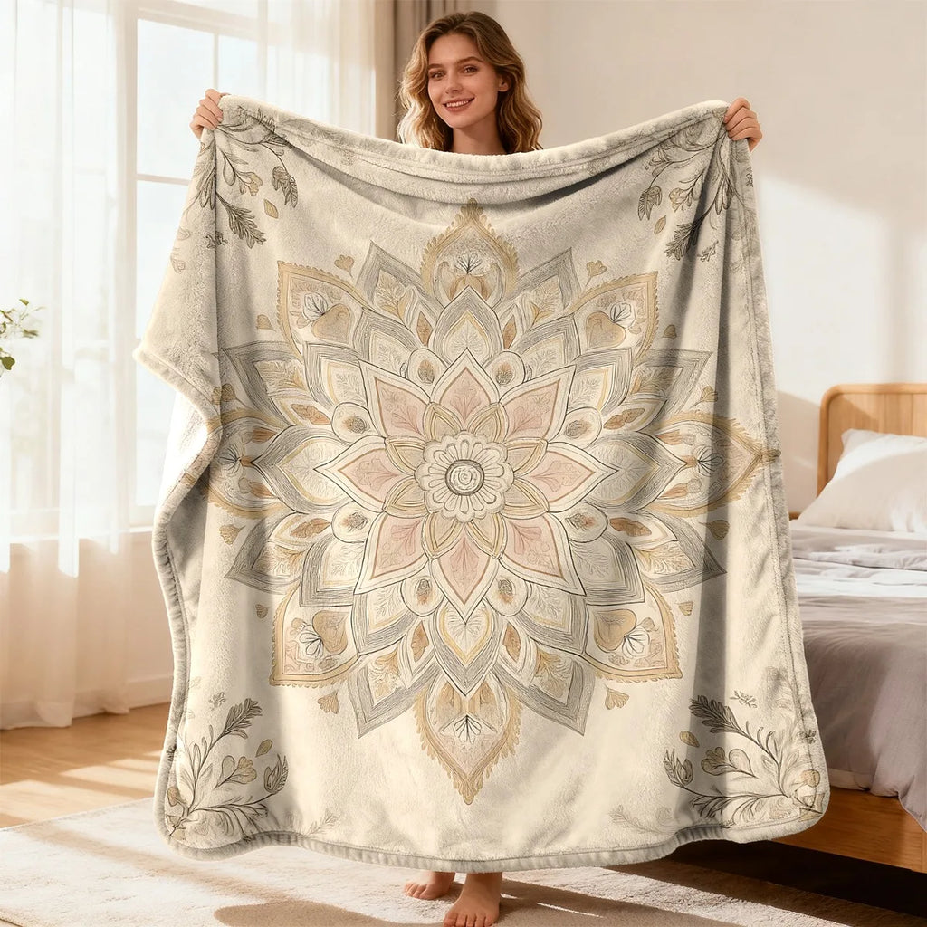 Plaid en peluche motif mandala Nesty - Déplié à bout de bras par une femme dans une chambre lumineuse