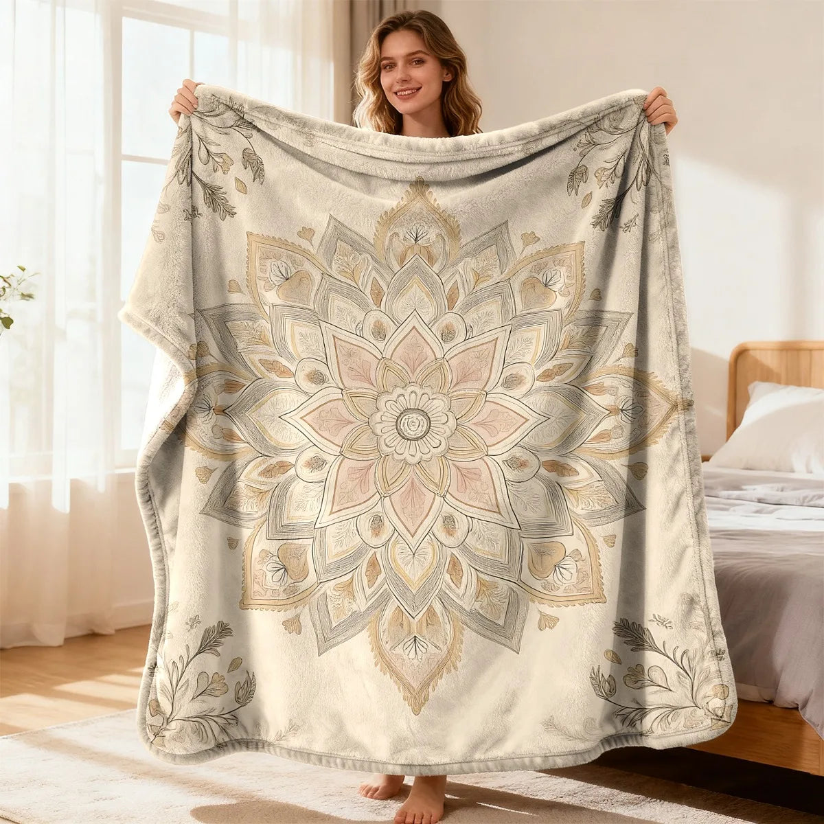 Plaid en peluche motif mandala Nesty - Déplié à bout de bras par une femme dans une chambre lumineuse