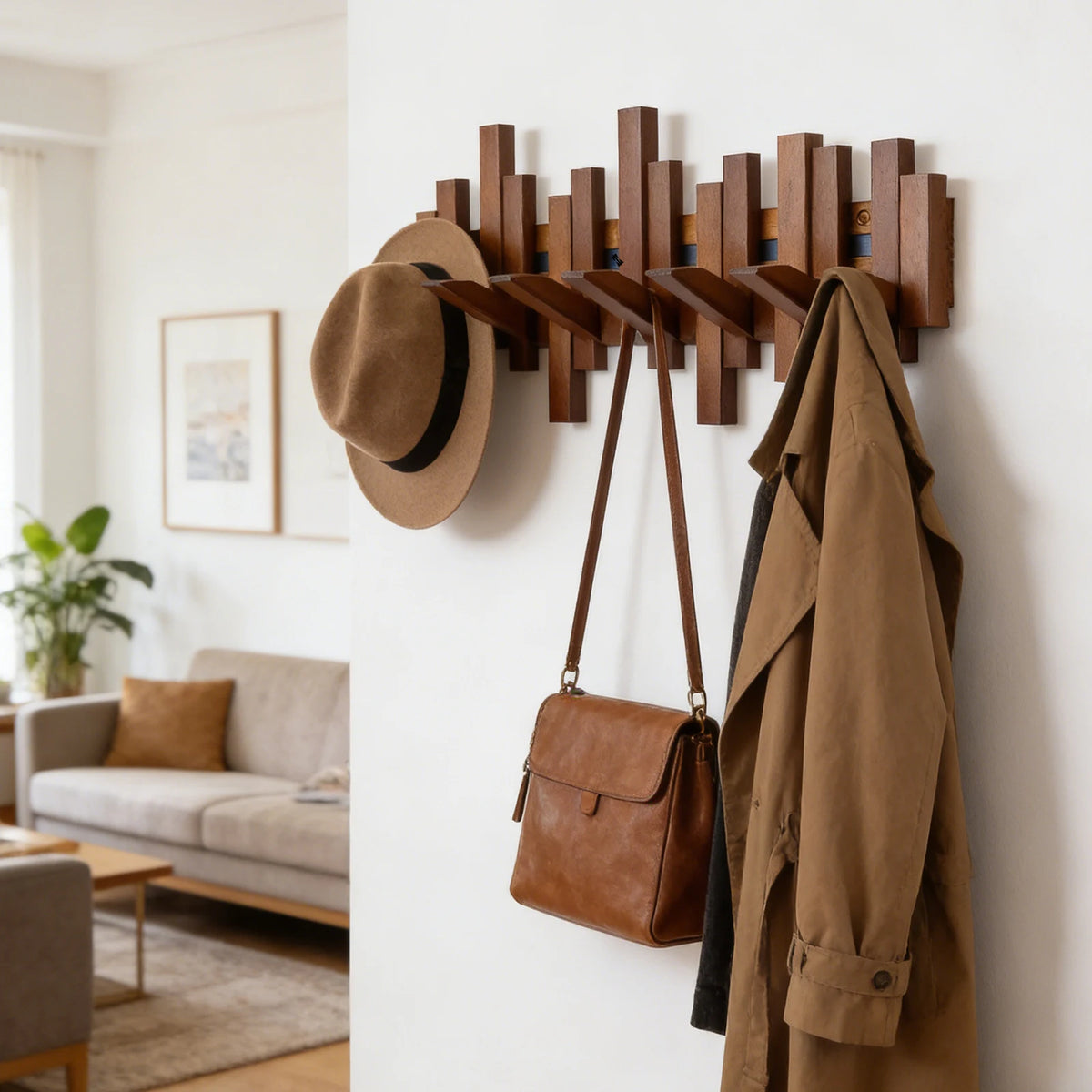 Porte-manteau mural en bois — 6 crochets escamotables - Nesty (vue 8)