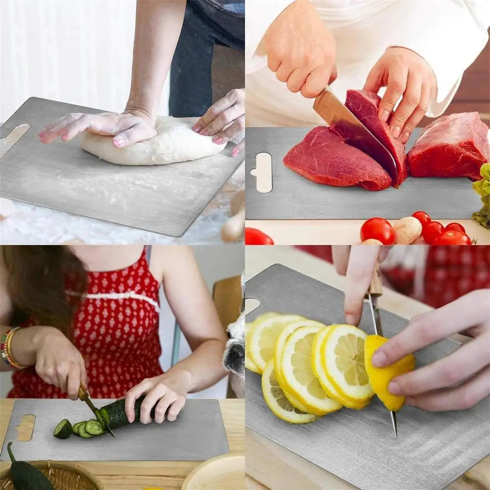 Planche à découper en acier inoxydable, double face épaisse Nesty, collage 4 usages : pétrissage de pâte, découpe de viande, tranchage de concombre, découpe de citron