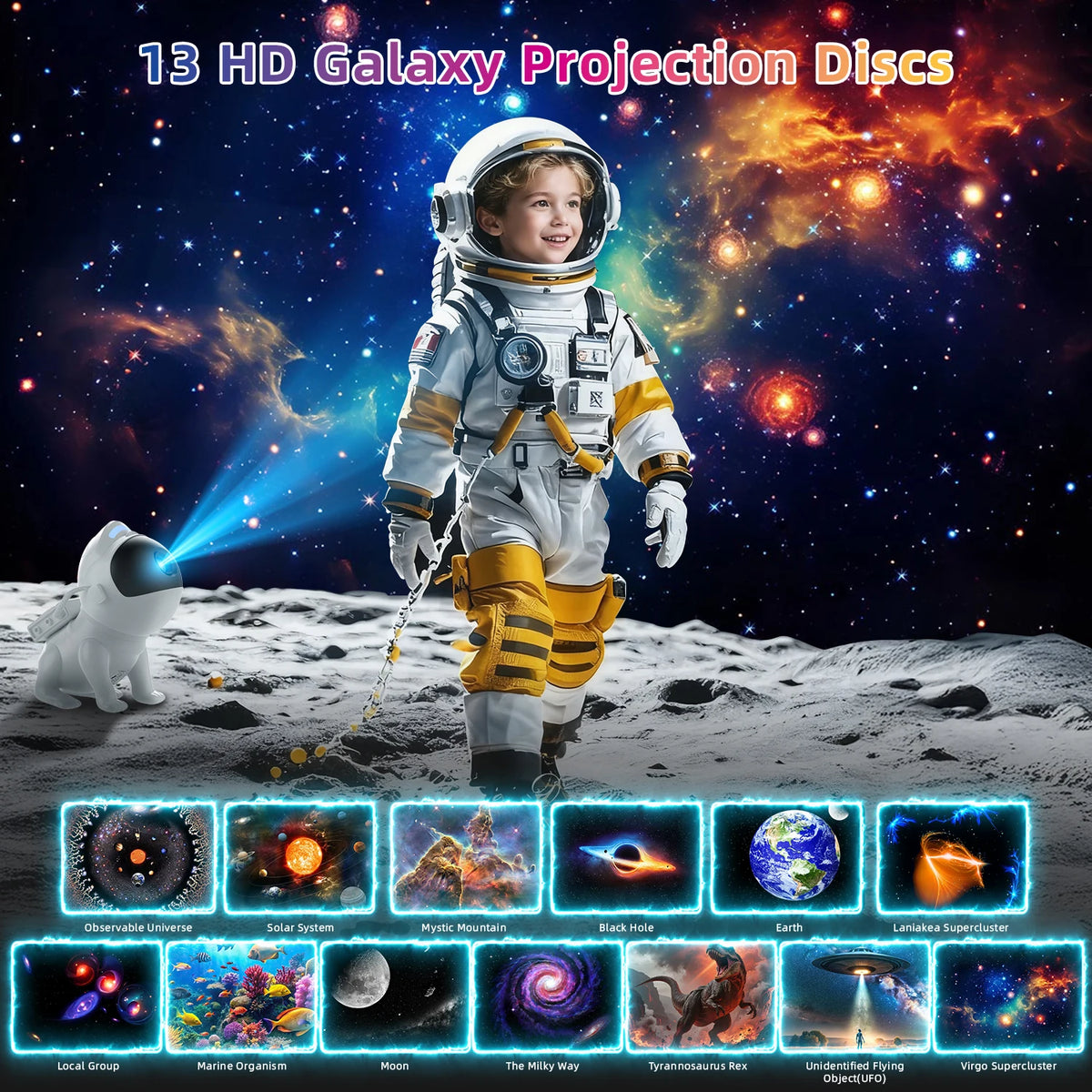 Projecteur veilleuse étoilé, effet galaxie pour chambre Nesty, enfant en combinaison d'astronaute sur la lune à côté du projecteur robot, bandeau "13 HD Galaxy Projection Discs" avec vignettes des thèmes (système solaire, trou noir, Terre, Voie lactée, dinosaure, OVNI)