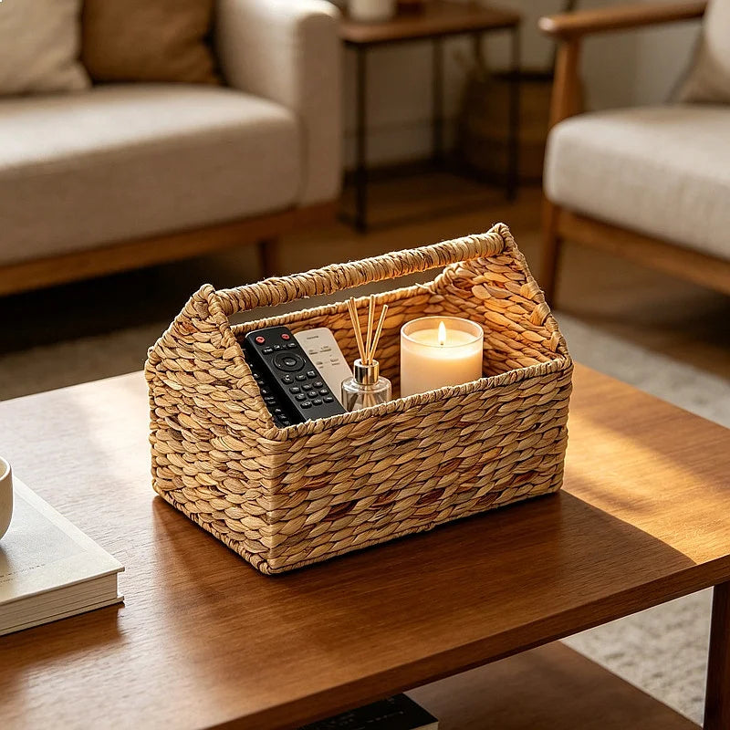 Panier de rangement suspendu en corde tressée Nesty, panier garni d'une télécommande, d'un diffuseur de parfum et d'une bougie allumée, sur table basse en bois