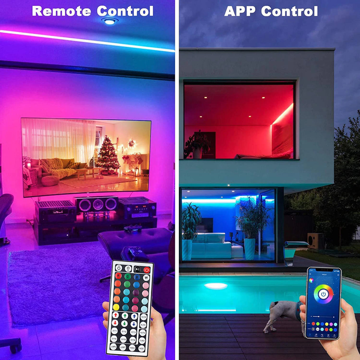 Ruban LED USB flexible Nesty - Comparatif ambiance salon violet en télécommande et façade bleu-rouge en pilotage application