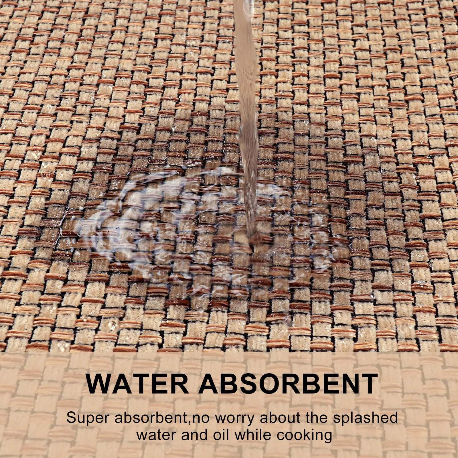 Tapis de cuisine tissé en lin — motif à carreaux - Nesty, test d'absorption à l'eau sur le motif tressé beige
