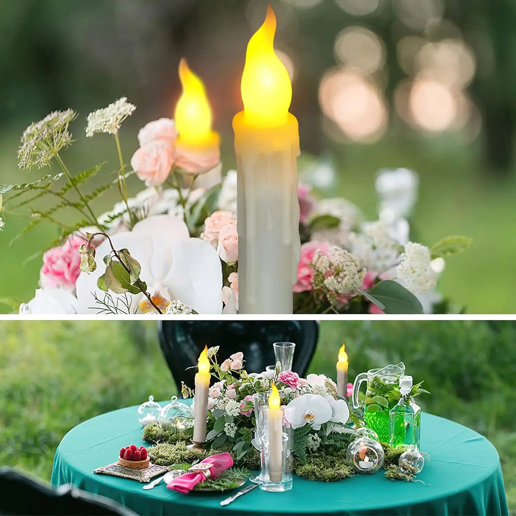 Bougies LED effilées sans flamme, lumière chaude vacillante Nesty, bougies LED fuselées en extérieur parmi des fleurs et un centre de table, photo du bas : sur table avec fruits et bougie votive, ambiance mariage