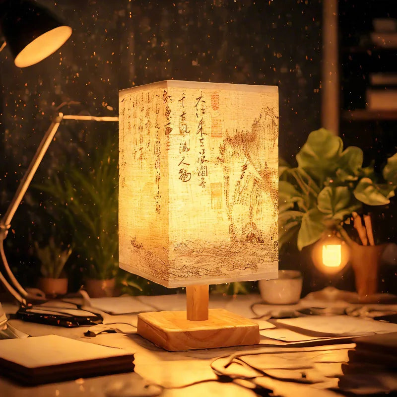 Lampe de table en tissu Nesty - Ambiance nocturne sur un bureau avec plantes vertes et lampe articulée
