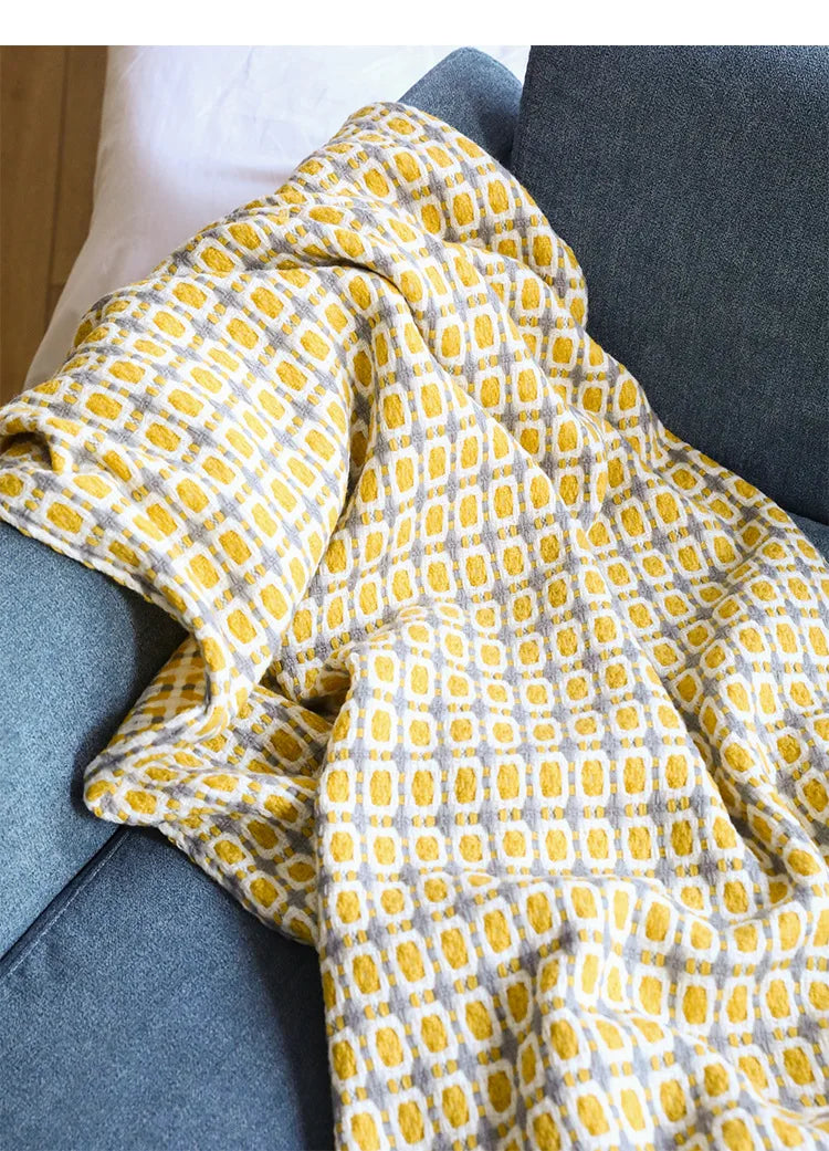 Plaid châle jaune moutarde tricoté à franges - Nesty (vue 2)