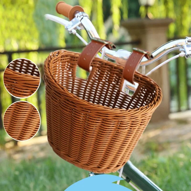 Panier de rangement tressé effet rotin Nesty - Fixé sur guidon de vélo avec sangles en cuir, en extérieur