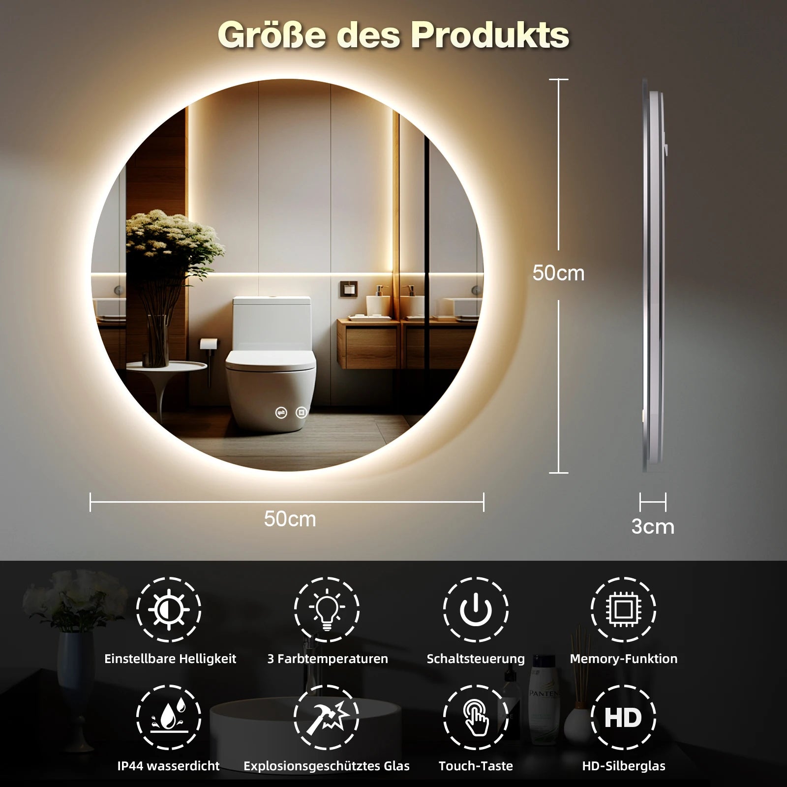 Miroir de salle de bain rond LED Nesty - Schéma des dimensions 50 x 50 x 3 cm, vue de profil
